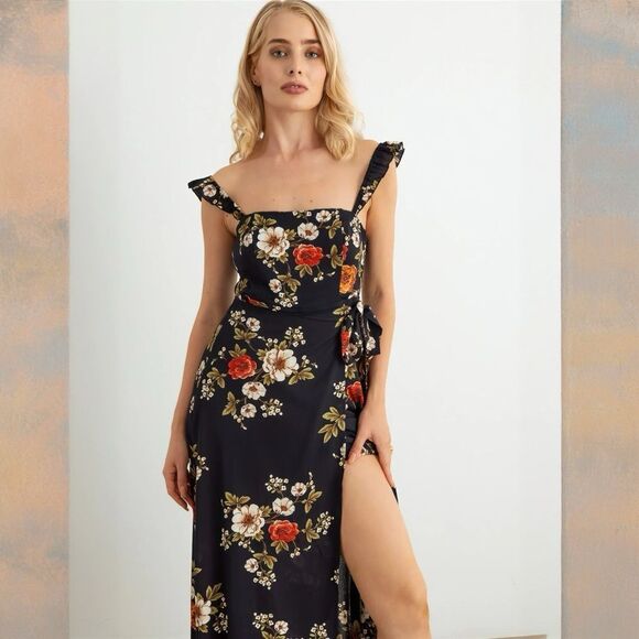 BUY NOW SALE Navy Floral Smocked Ruffle Strap Maxi Dress - Picture 5 of 11